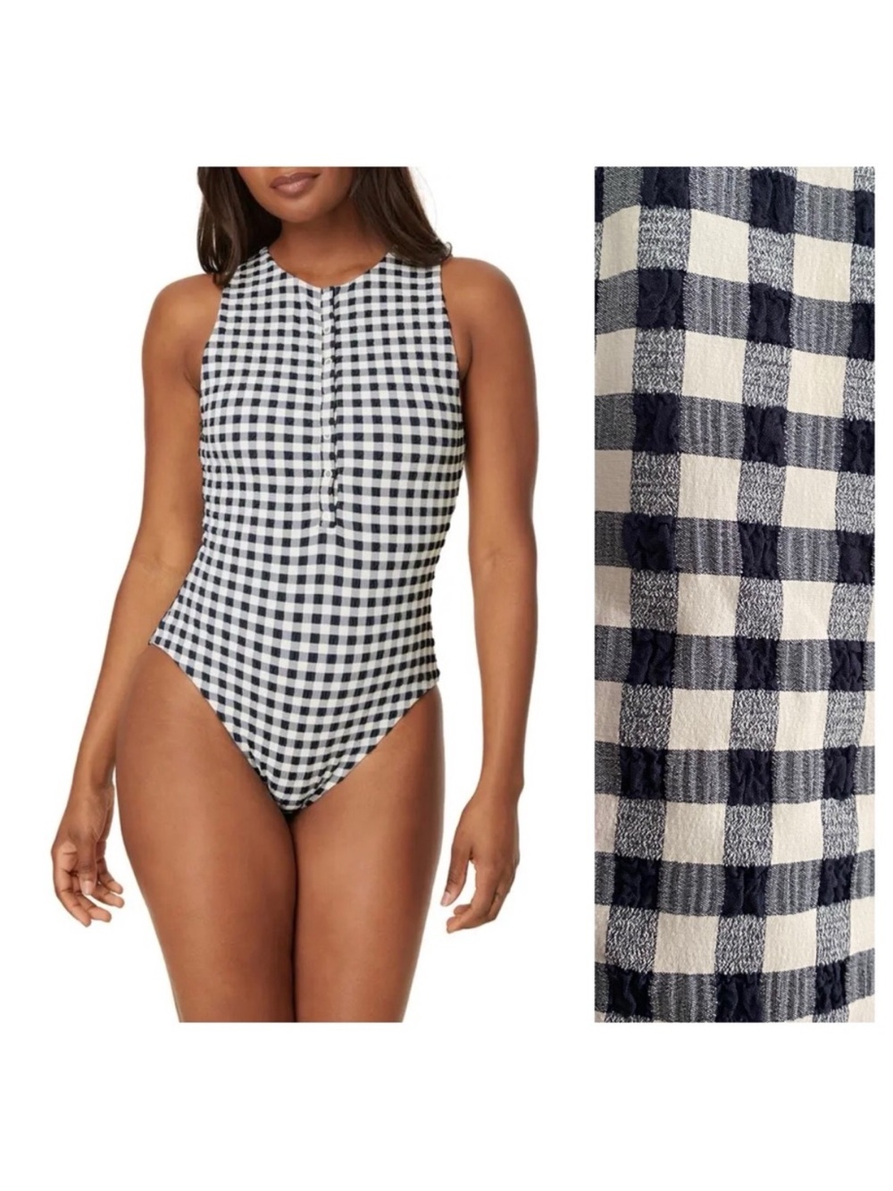 Andie Navy Blue White Gingham Plaid The Malibu One Piece Swimsuit